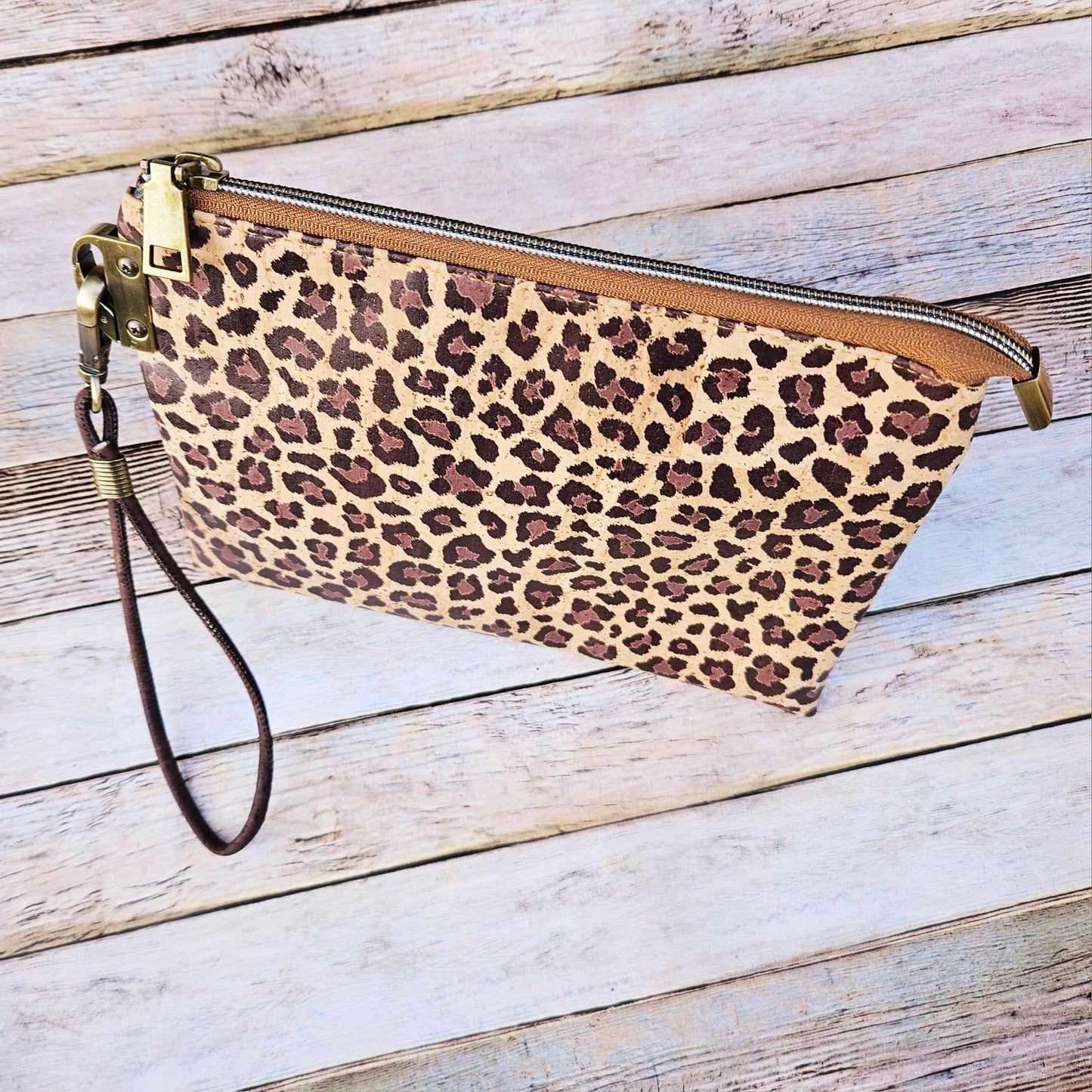 Oleta Belle Leopard Cork Clutch Wristlet