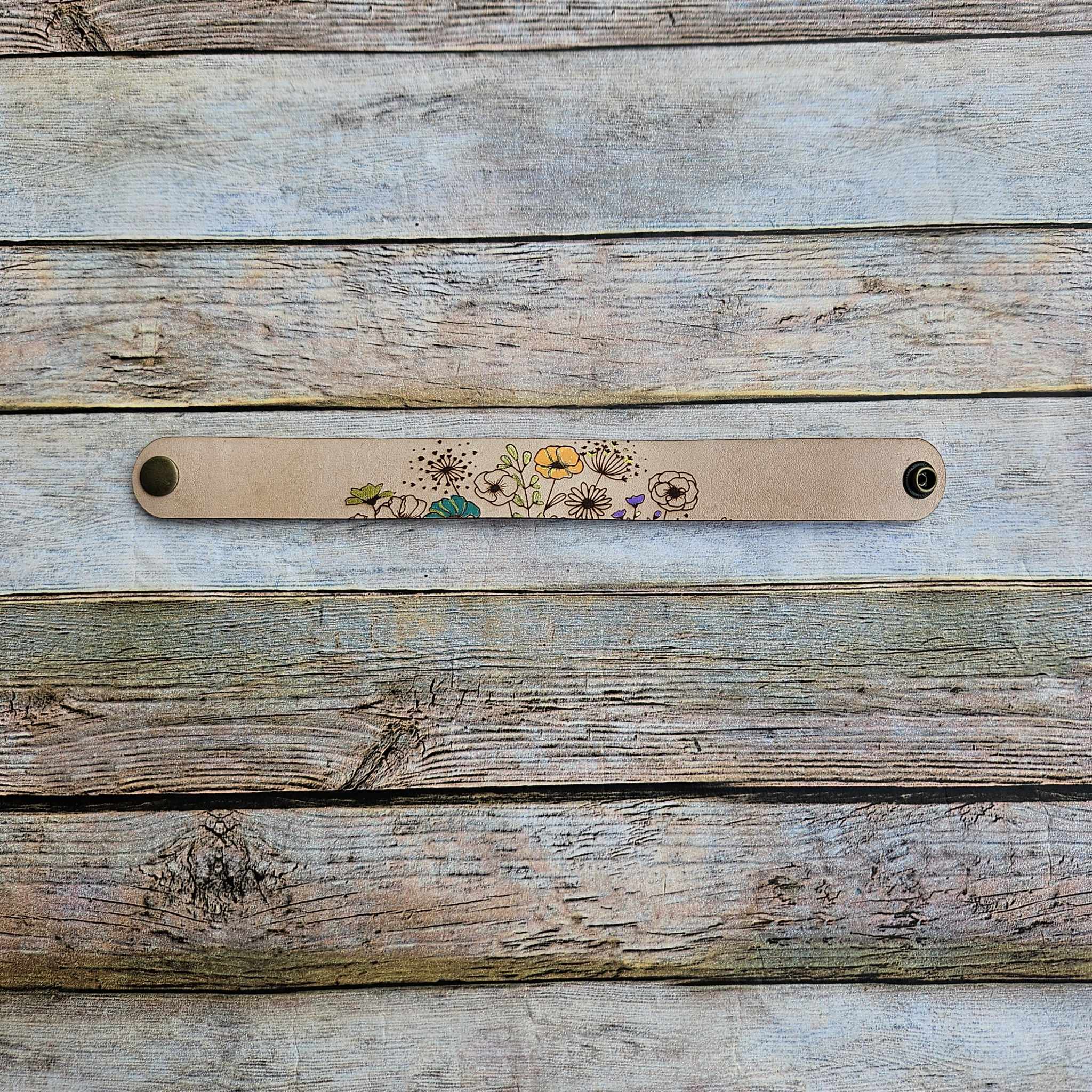 laser burned bracelet, floral burned bracelet, leather burned bracelet
