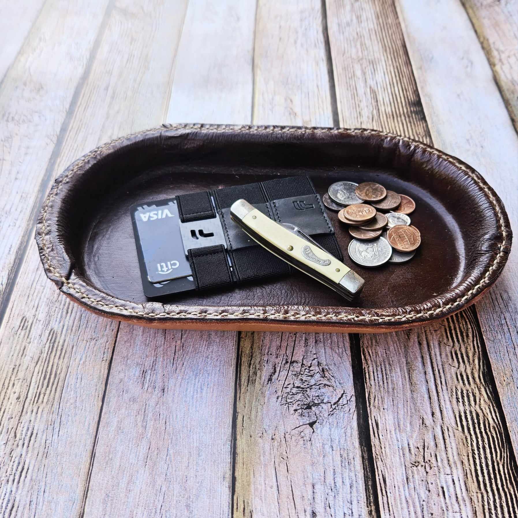 oval valet tray, large brown tray, brown leather tray, brown valet tray