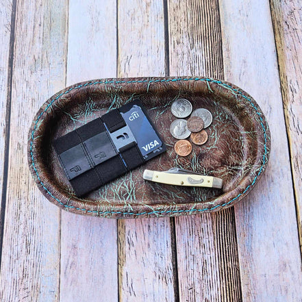 turquoise brown valet tray, turquoise brown leather tray, large valet tray, brown valet tray