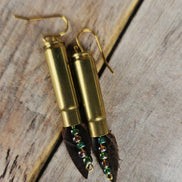 crystal ammo earrings, brown leather earrings, shot gun shell jewelry, gold earrings, handmade earrings 