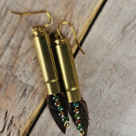 crystal ammo earrings, brown leather earrings, shot gun shell jewelry, gold earrings, handmade earrings 