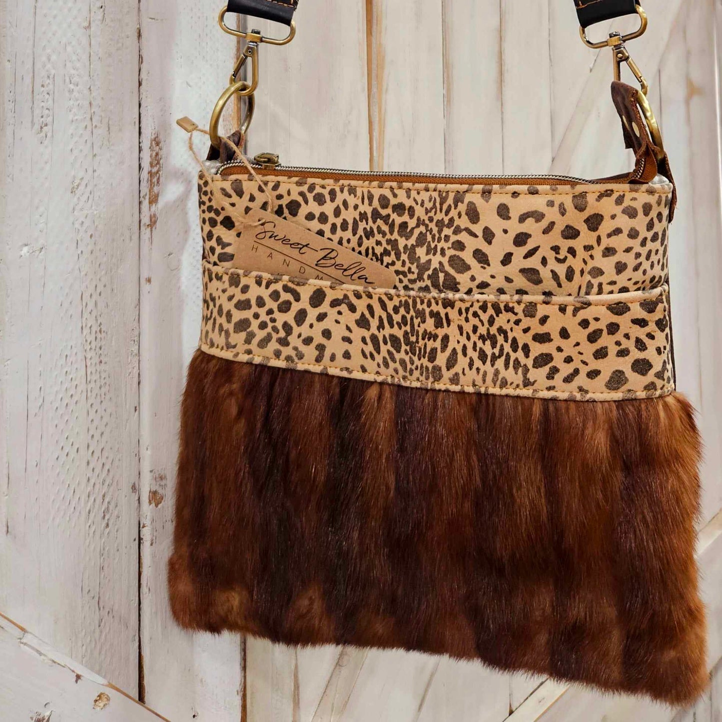 upcycled mink leather bag,  mink leopard leather crossbody,  mink leopard leather bag,  leopard leather,  crossbody bag