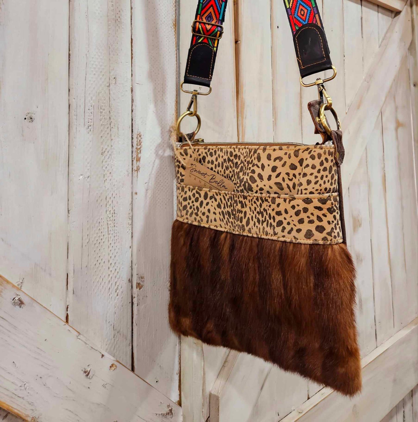 upcycled mink leather bag, mink leopard leather crossbody, mink leopard leather bag, leopard leather, crossbody bag