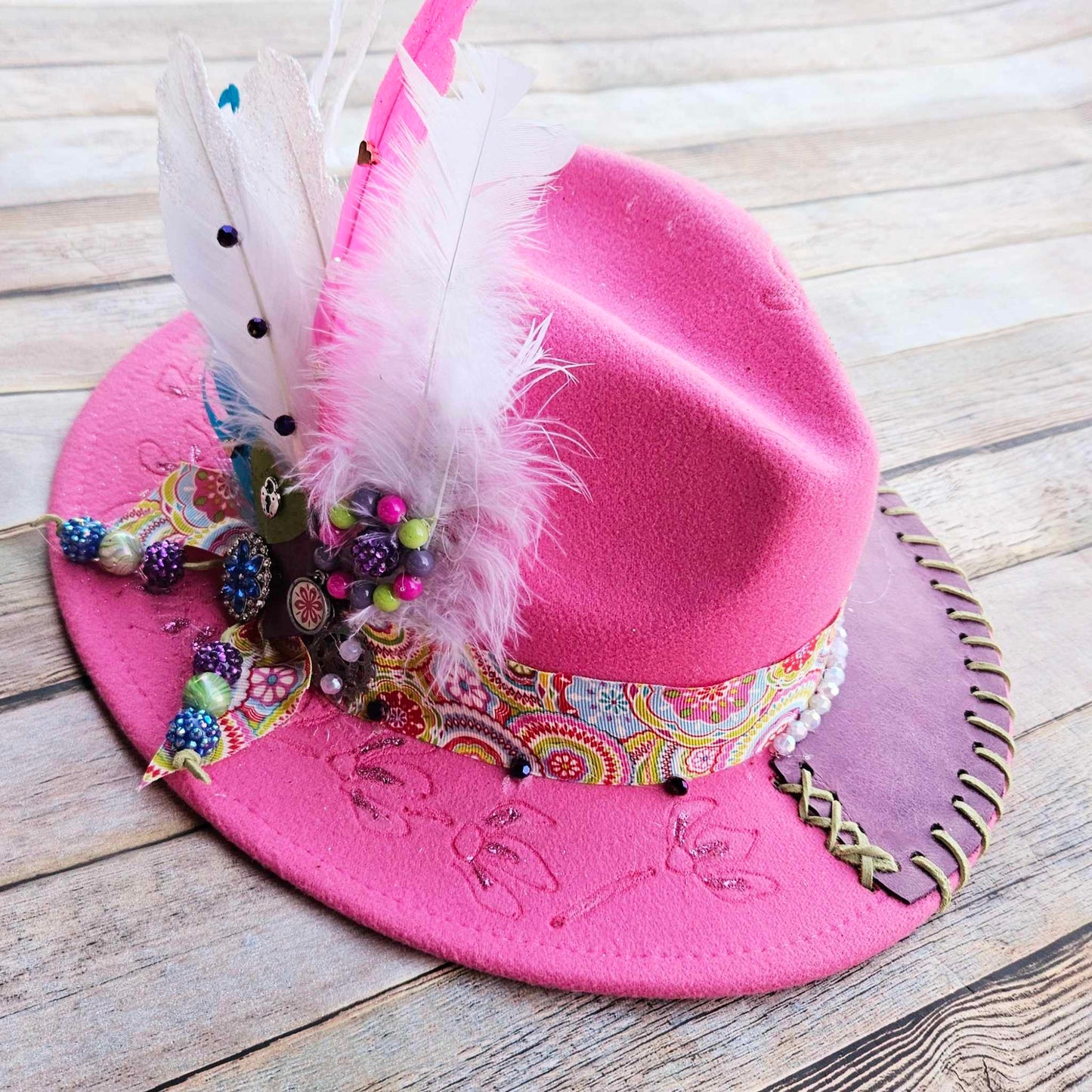 burned brim hat, pink purple hat, feathered brim hat, leather laced hat