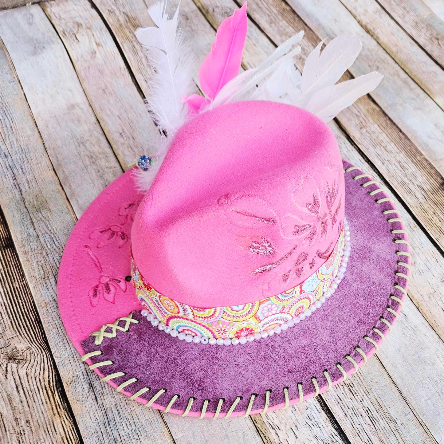 burned brim hat, pink purple hat, feathered brim hat, leather laced hat