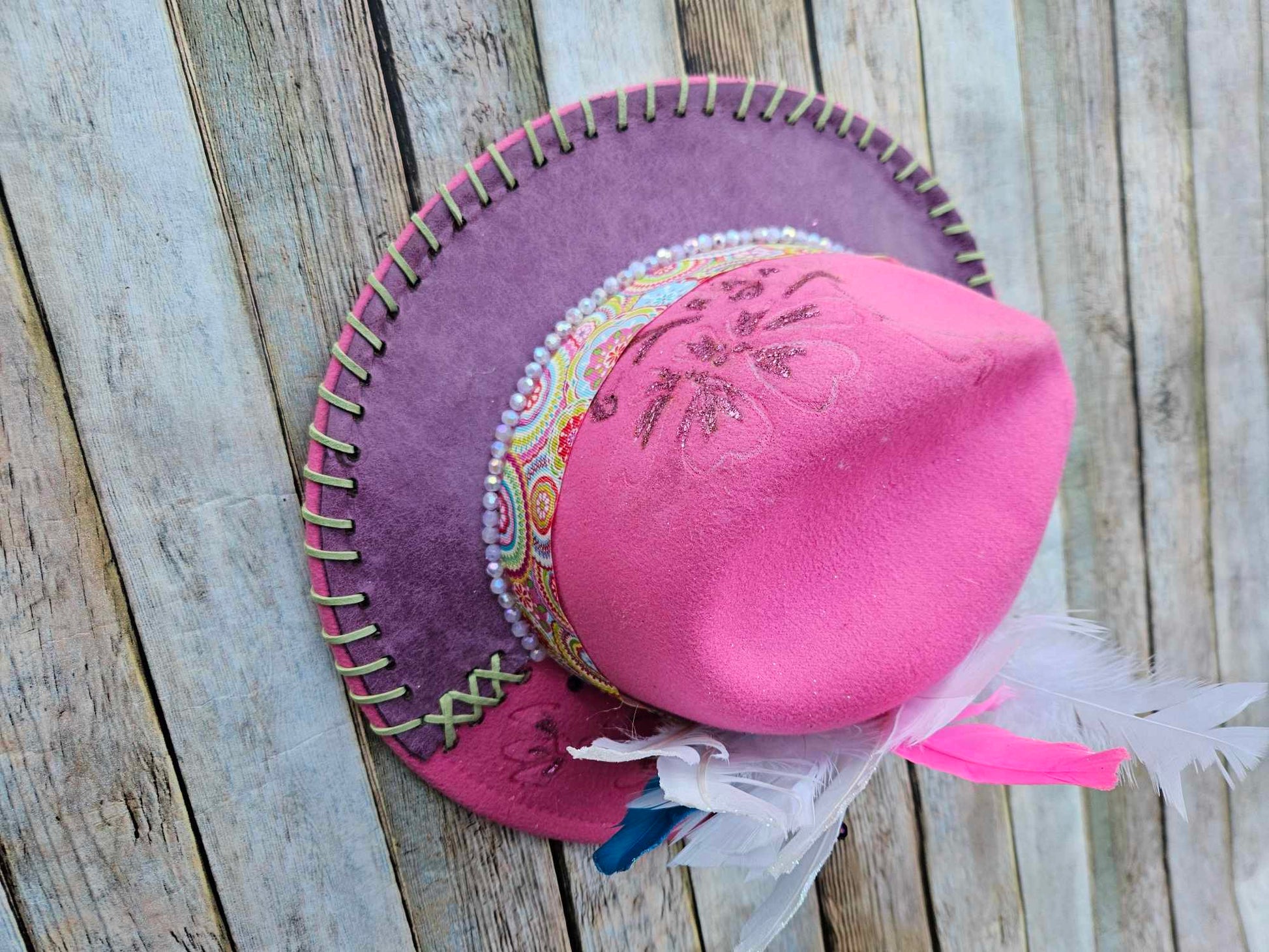 burned brim hat, pink purple hat, feathered brim hat, leather laced hat