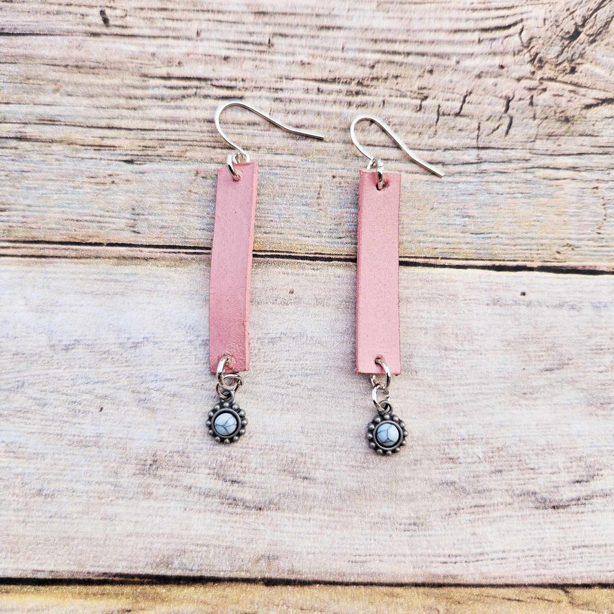 Handcrafted Silver Drop Earrings with Pink Hand-Dyed Leather & Pearl Beads