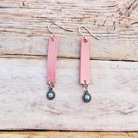 Handcrafted Silver Drop Earrings with Pink Hand-Dyed Leather & Pearl Beads