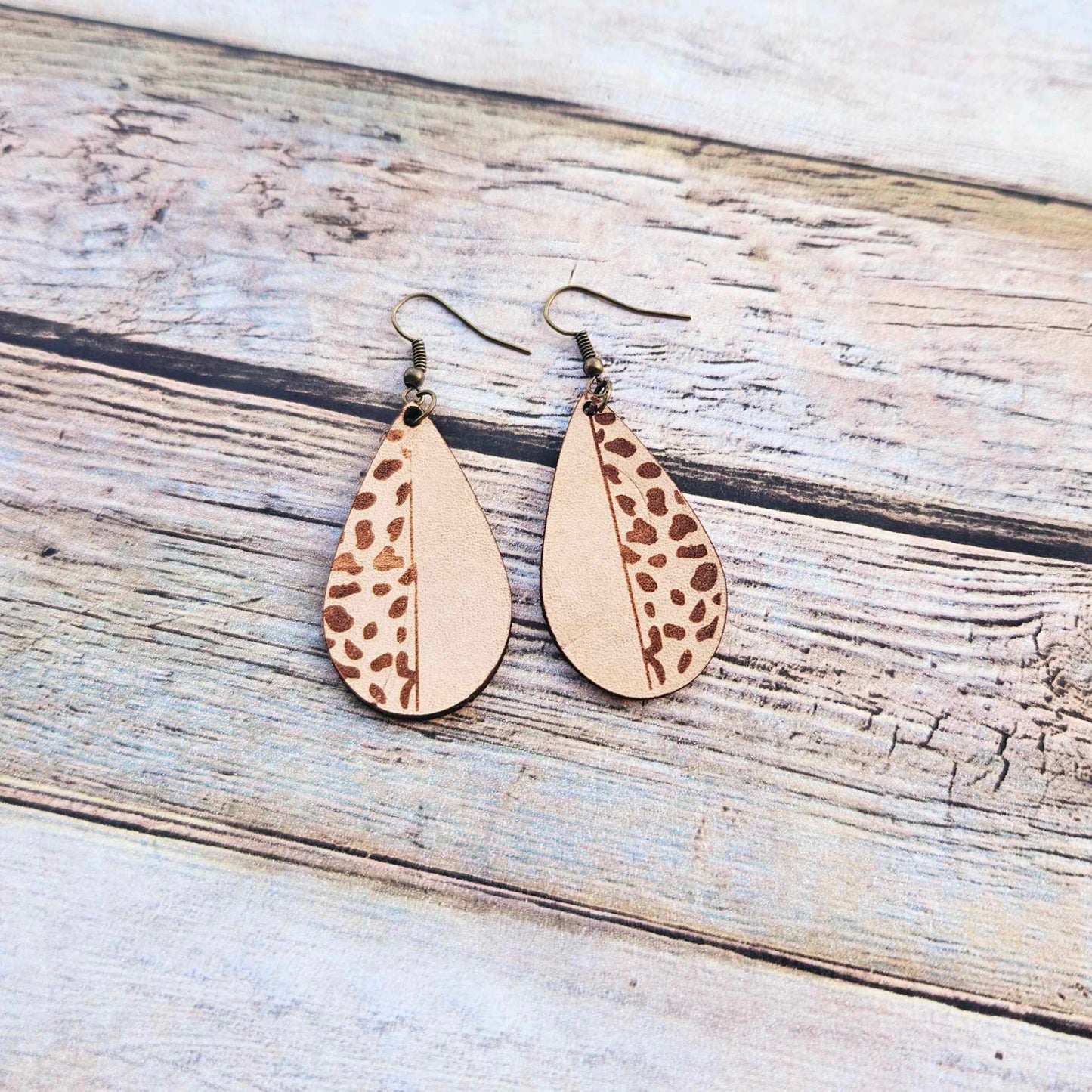 laser burned, leopard, earrings, tear drop, leather jewelry 