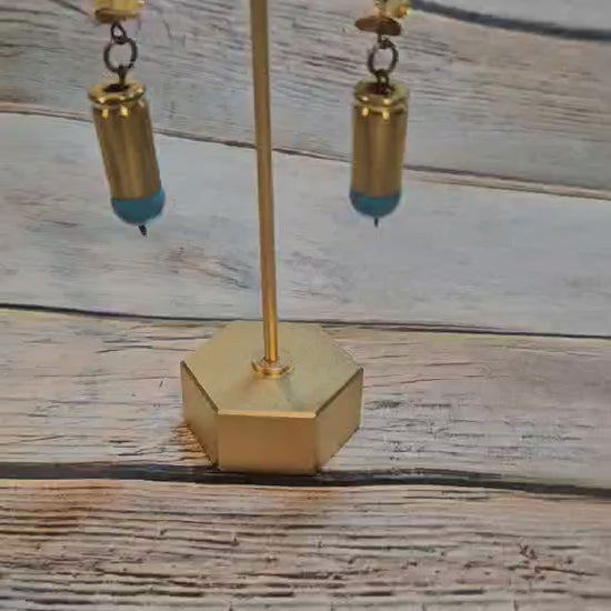 rock earrings, ammo earrings, blue beaded earrings, antique gold earrings