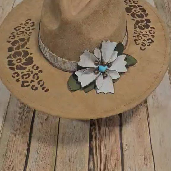 laser burned large brim hat, hibiscus flower and leopard burned hat, leather flower hat leather banded hat, handmade hat