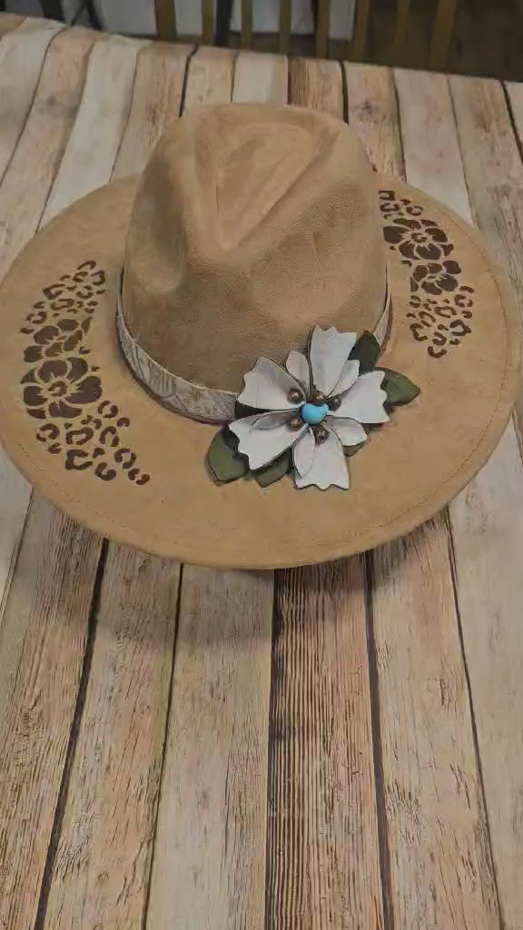 laser burned large brim hat, hibiscus flower and leopard burned hat, leather flower hat leather banded hat, handmade hat