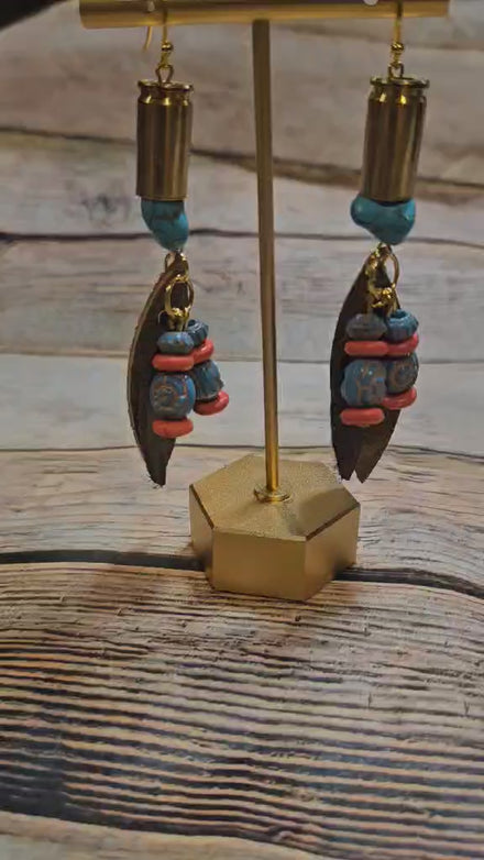 ammo tassel earrings, leather tassel jewelry, turquoise beaded jewelry  
