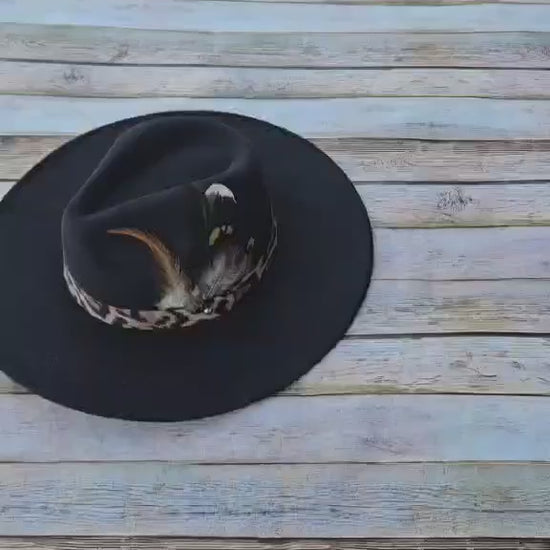 large brim hat, black hat, feathered brim hat, leopard band hat