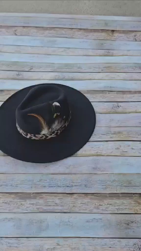 large brim hat, black hat, feathered brim hat, leopard band hat