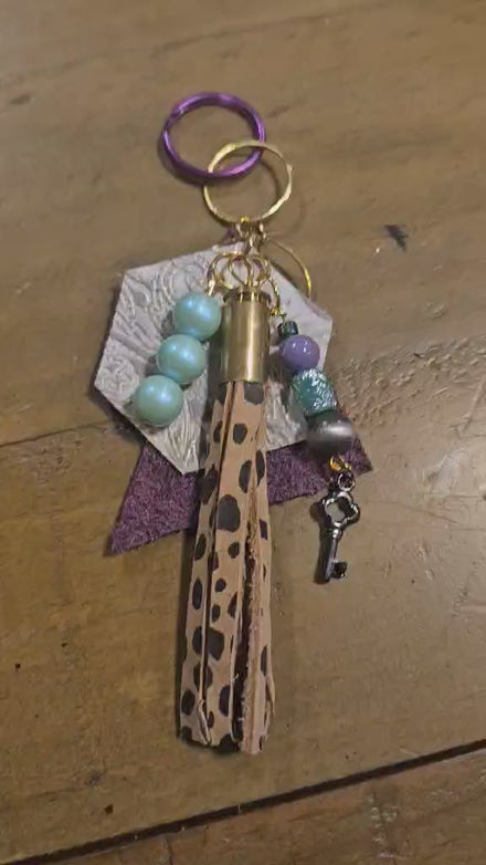 leather leopard ammo keychain, leopard tassel keychain, beaded keychain, ammo keychain, ammo tassel 