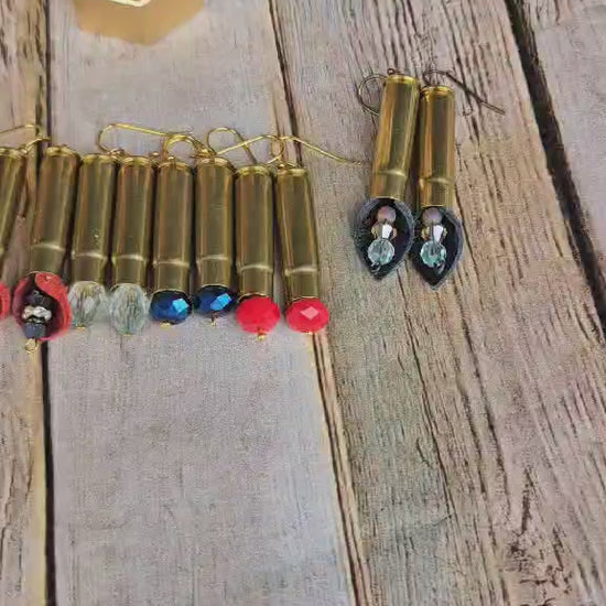 ammo earrings, beaded earrings, leather earrings, crystal beaded earrings