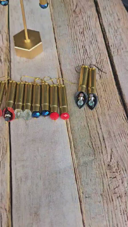 ammo earrings, beaded earrings, leather earrings, crystal beaded earrings