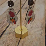 wood laser chicken earrings, 3d chicken earrings, handmade jewelry, wood burned jewelry