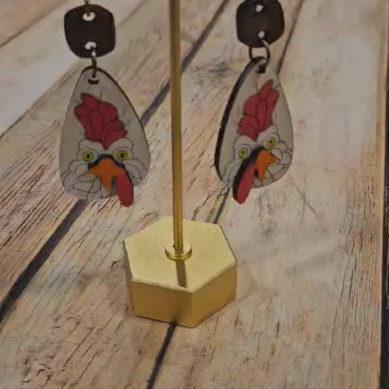 wood laser chicken earrings, 3d chicken earrings, handmade jewelry, wood burned jewelry