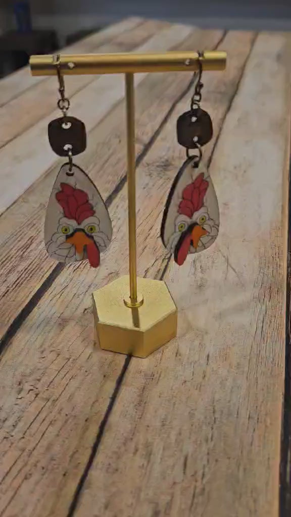 wood laser chicken earrings, 3d chicken earrings, handmade jewelry, wood burned jewelry