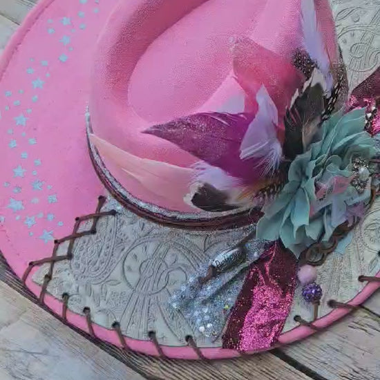 pink felt wide brim hat, unicorn painted hat, wide brim feathered hat, leather laced hat, hand crafted wide brim hat. adjustable pink hat
