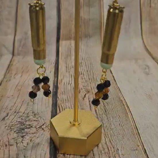 gold ammo beaded earrings, black crystal beaded jewelry, handmade bullet casing jewelry  
