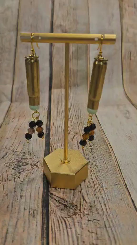 gold ammo beaded earrings, black crystal beaded jewelry, handmade bullet casing jewelry  