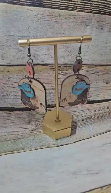 3D rodeo jewelry, leather earrings, cowboy boot earrings, handcrafted jewelry, laser burned jewelry