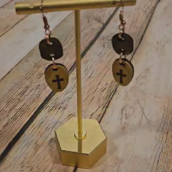 laser burned wood earrings, cross wood earrings, handmade burned jewelry 