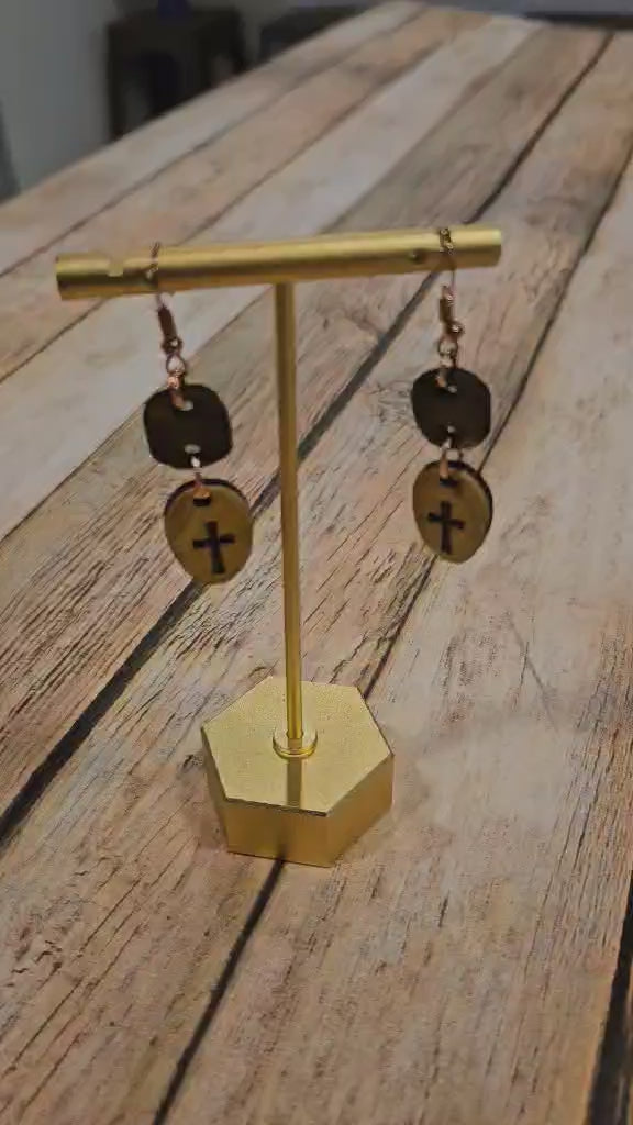 laser burned wood earrings, cross wood earrings, handmade burned jewelry 