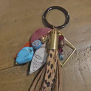 leopard leather tassel keychain, ammo keychain beaded key chain, turquoise bead key chain 