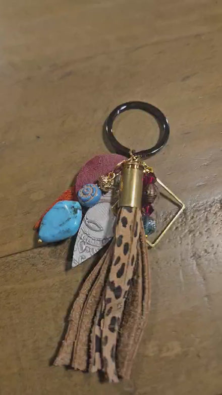 leopard leather tassel keychain, ammo keychain beaded key chain, turquoise bead key chain 