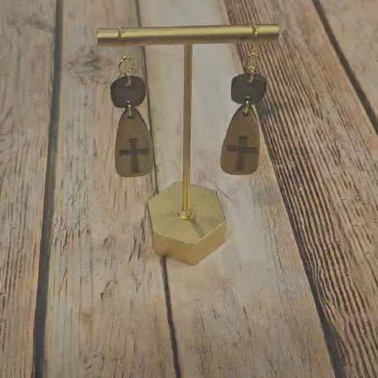 laser burned cross earrings, gold wood jewelry, earrings handmade wood jewelry 