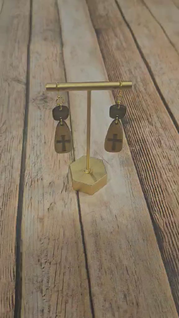 laser burned cross earrings, gold wood jewelry, earrings handmade wood jewelry 