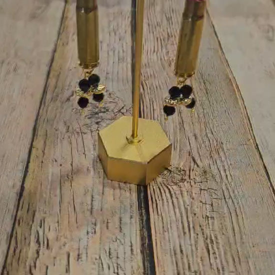 gold ammo earrings, black crystal bead earrings, handmade jewelry 