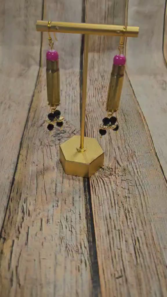 gold ammo earrings, black crystal bead earrings, handmade jewelry 