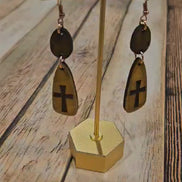 rose gold hook earrings, cross earrings, wood burned earrings, handmade jewelry 