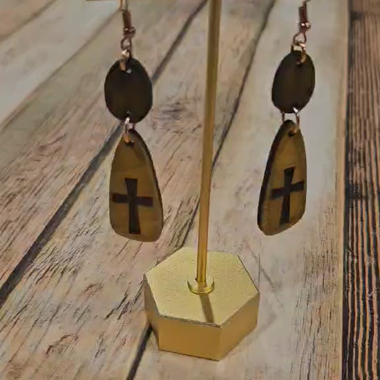 rose gold hook earrings, cross earrings, wood burned earrings, handmade jewelry 