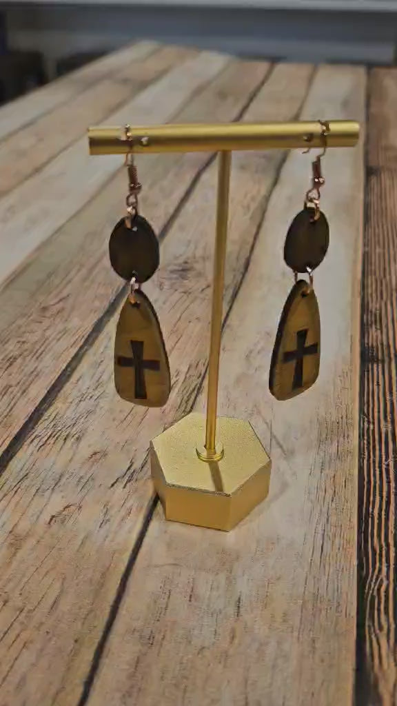 rose gold hook earrings, cross earrings, wood burned earrings, handmade jewelry 