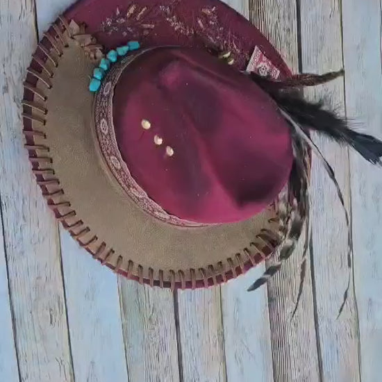 burned brim hat, burgundy hat, feathered brim hat, leather laced hat