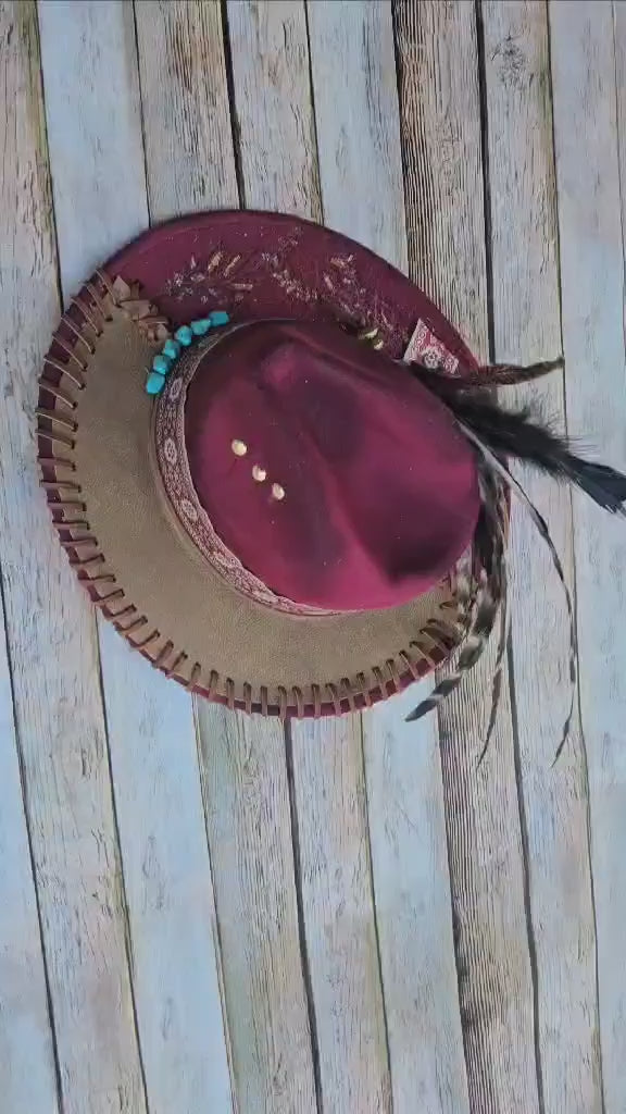 burned brim hat, burgundy hat, feathered brim hat, leather laced hat