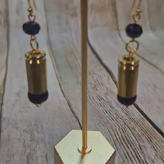 blue crystal ammo earrings, ammo earrings, gold hook earrings