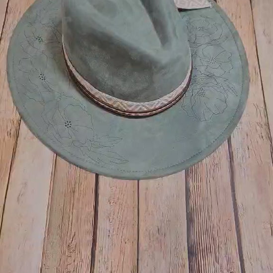laser poppy flower large brim hat, feather hat, teal large brim hat, bead and feather embellished hat, cowboy hat, laser floral design cowboy hat,  