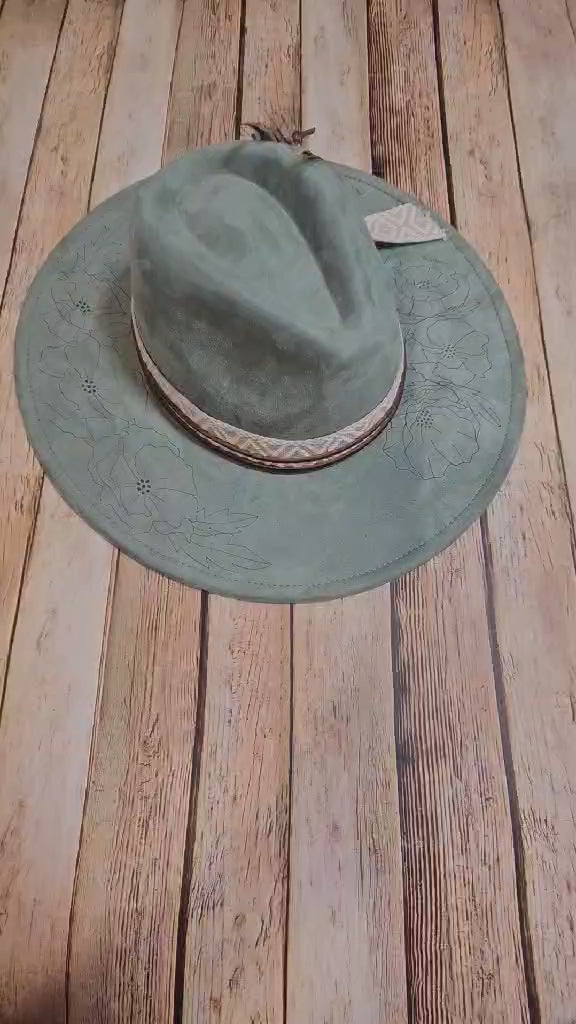 laser poppy flower large brim hat, feather hat, teal large brim hat, bead and feather embellished hat, cowboy hat, laser floral design cowboy hat,  