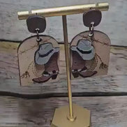 3D rodeo jewelry, leather earrings, cowboy boot earrings, handcrafted jewelry, laser burned jewelry