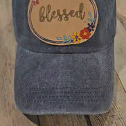 Blue denim cap with Leather Blessed embroidered patch, leather patch hat, blessed ball cap, floral embroidered hat