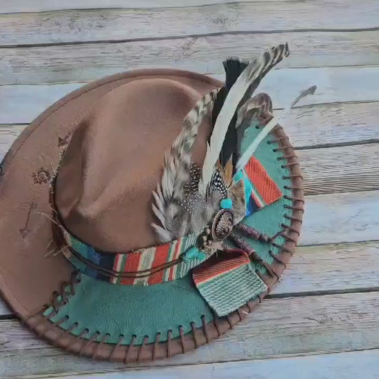 burned brim hat, teal leather hat, feathered brim hat, leather laced hat, sarape hat