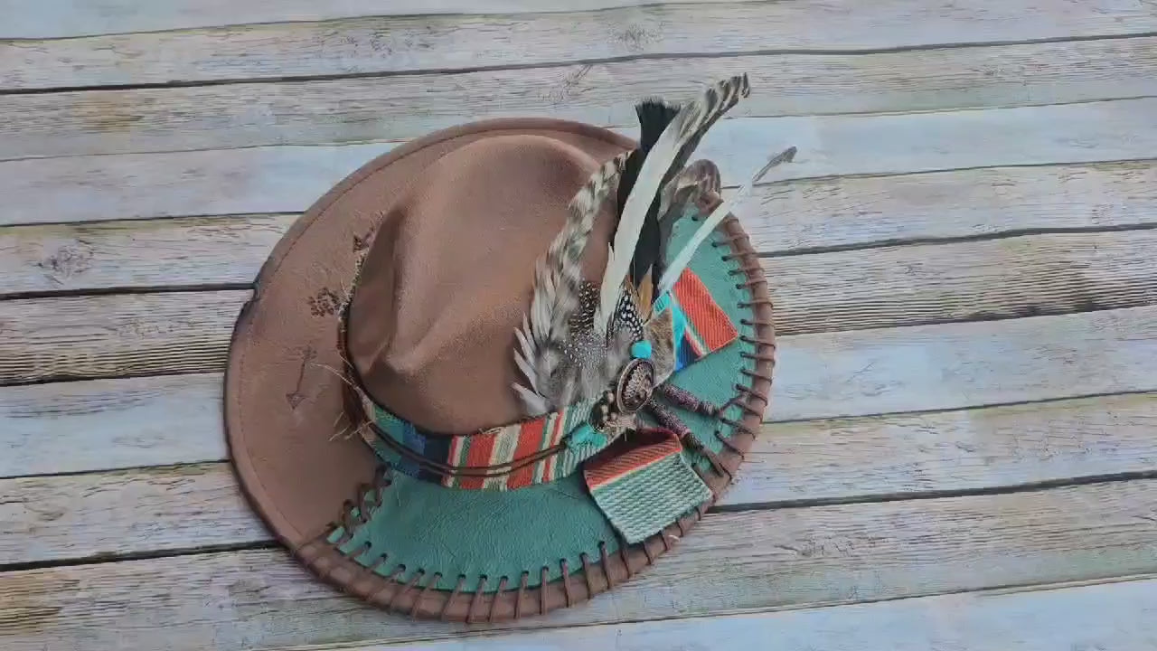 burned brim hat, teal leather hat, feathered brim hat, leather laced hat, sarape hat